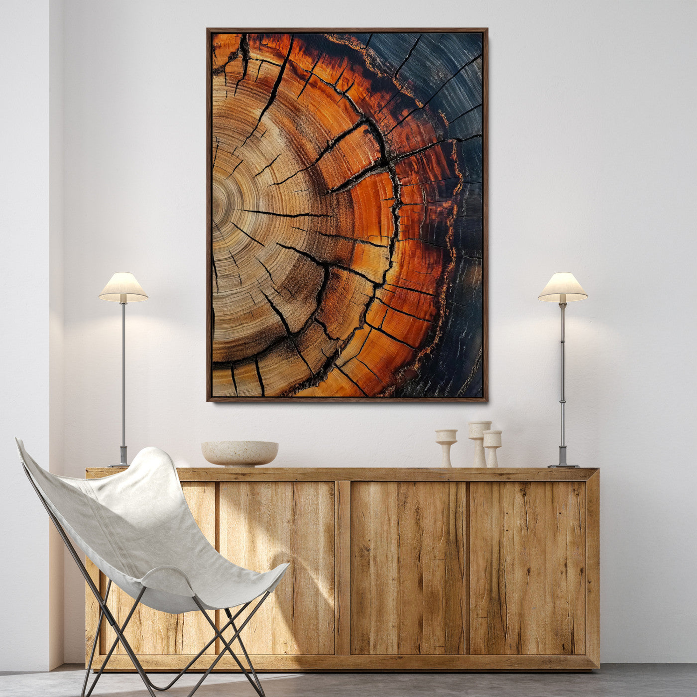 Close-up of tree rings with deep cracks and rich brown tones, highlighting natural texture and organic patterns, perfect for rustic wall art.