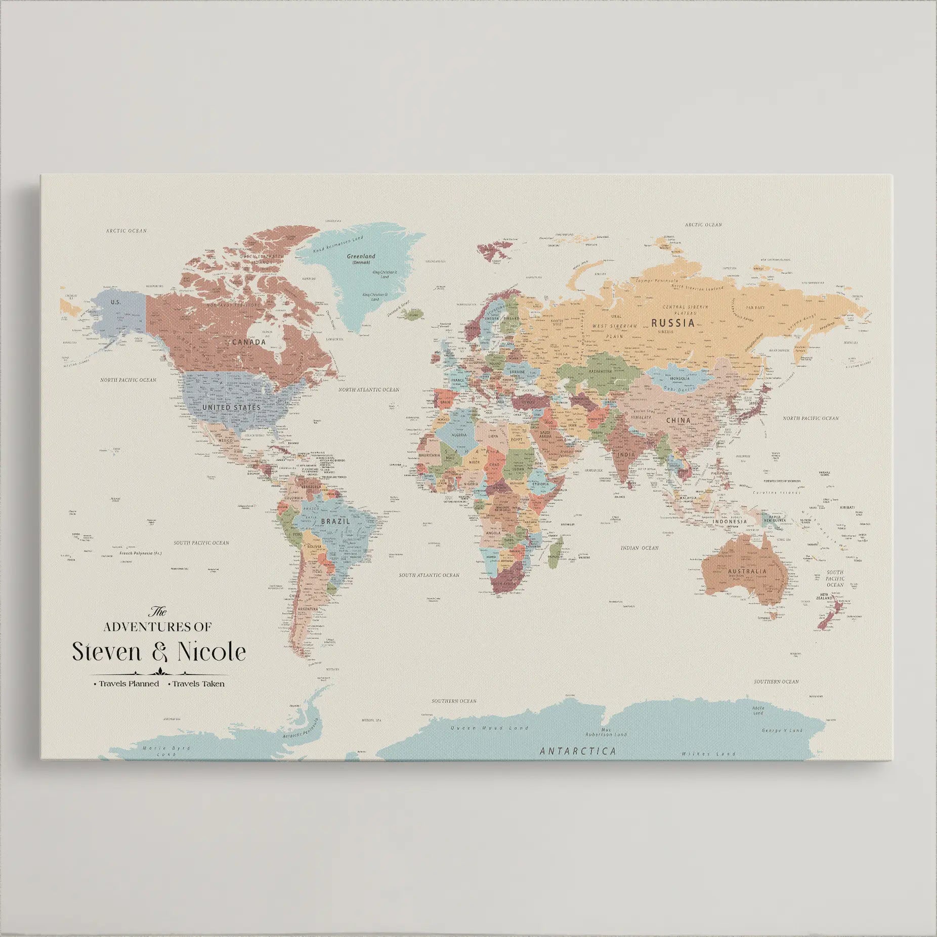 77826024-MGV-CV-36X24-Personalized Travel Map Canvas Print – Custom Framed Push Pin World Art Gift for Couples, Anniversaries, or Explorer-Themed Decor