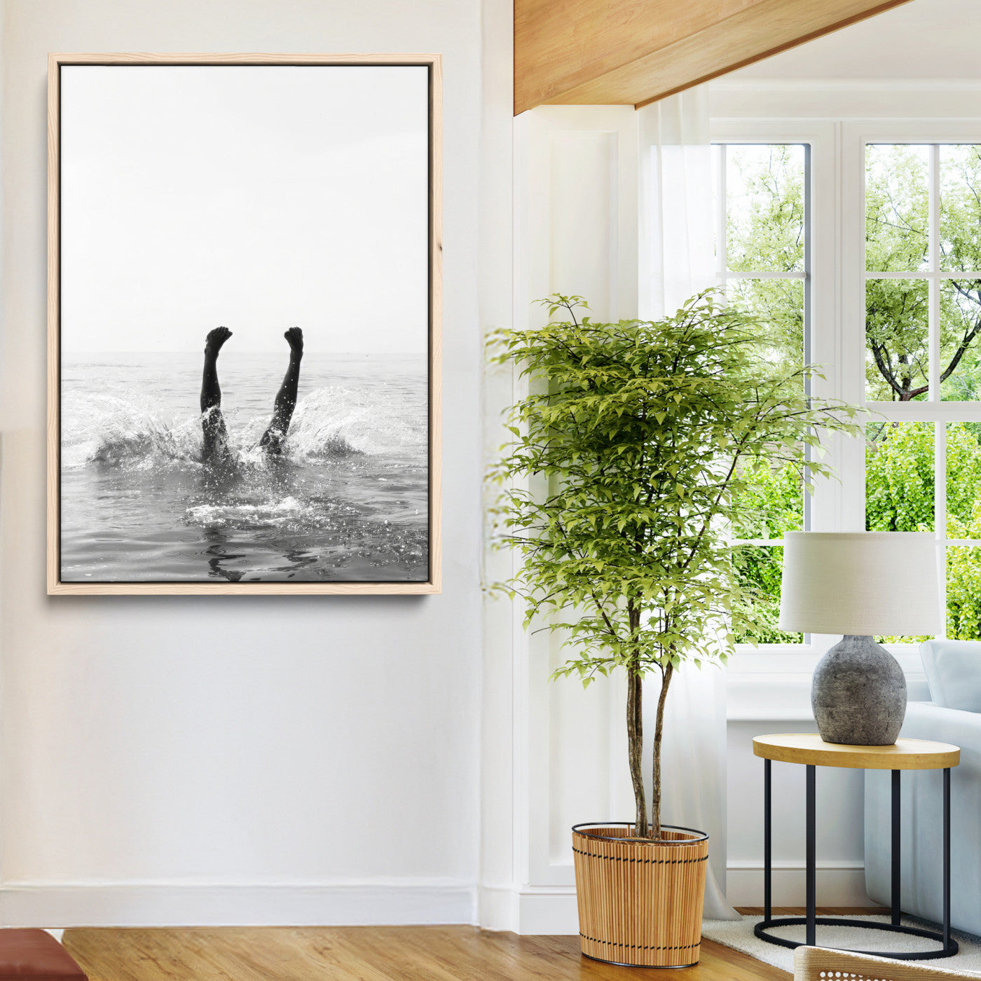 Black and white ocean art featuring a swimmer's legs mid-splash, perfect for minimalist, coastal, or monochrome modern interiors.