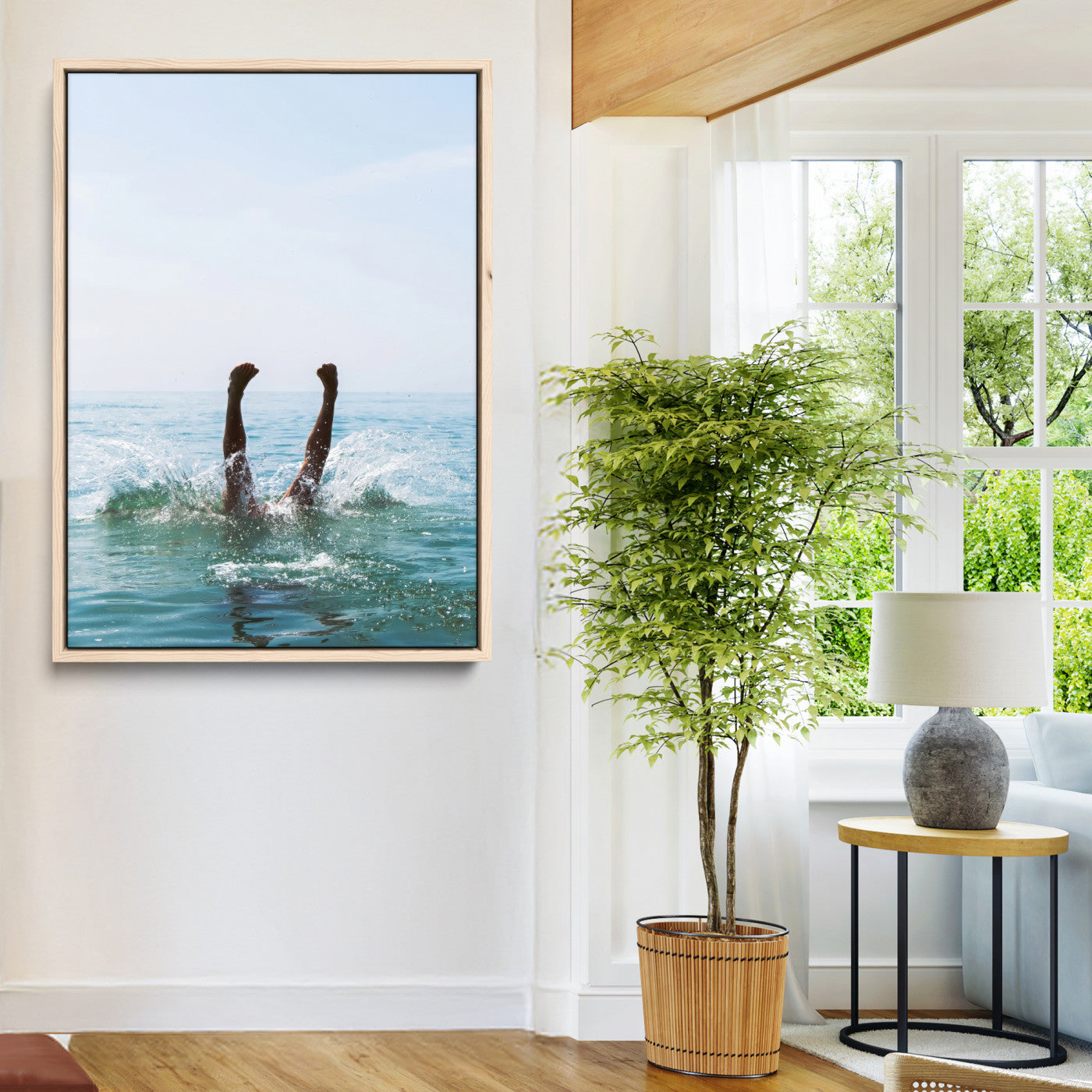 Vibrant ocean canvas of a playful diving splash, ideal for coastal or beach-themed interiors with a lively summer vibe.