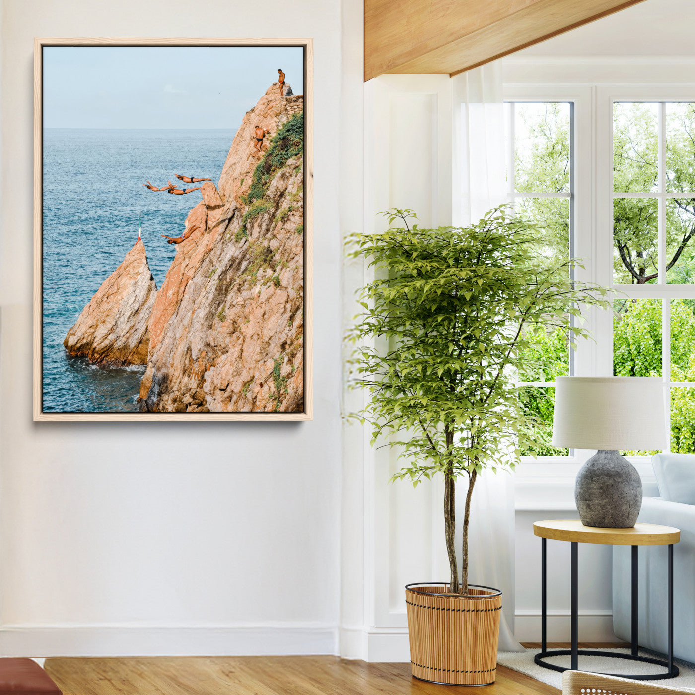 Canvas wall art capturing a bold cliff diving sequence into turquoise waters, perfect for vibrant and adventurous coastal or sporty interiors.