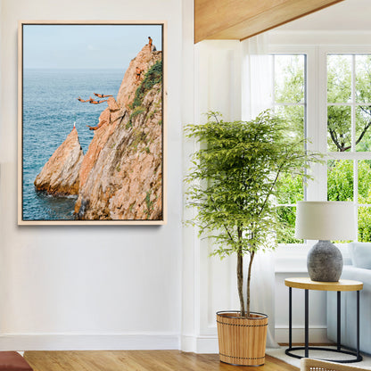 Canvas wall art capturing a bold cliff diving sequence into turquoise waters, perfect for vibrant and adventurous coastal or sporty interiors.