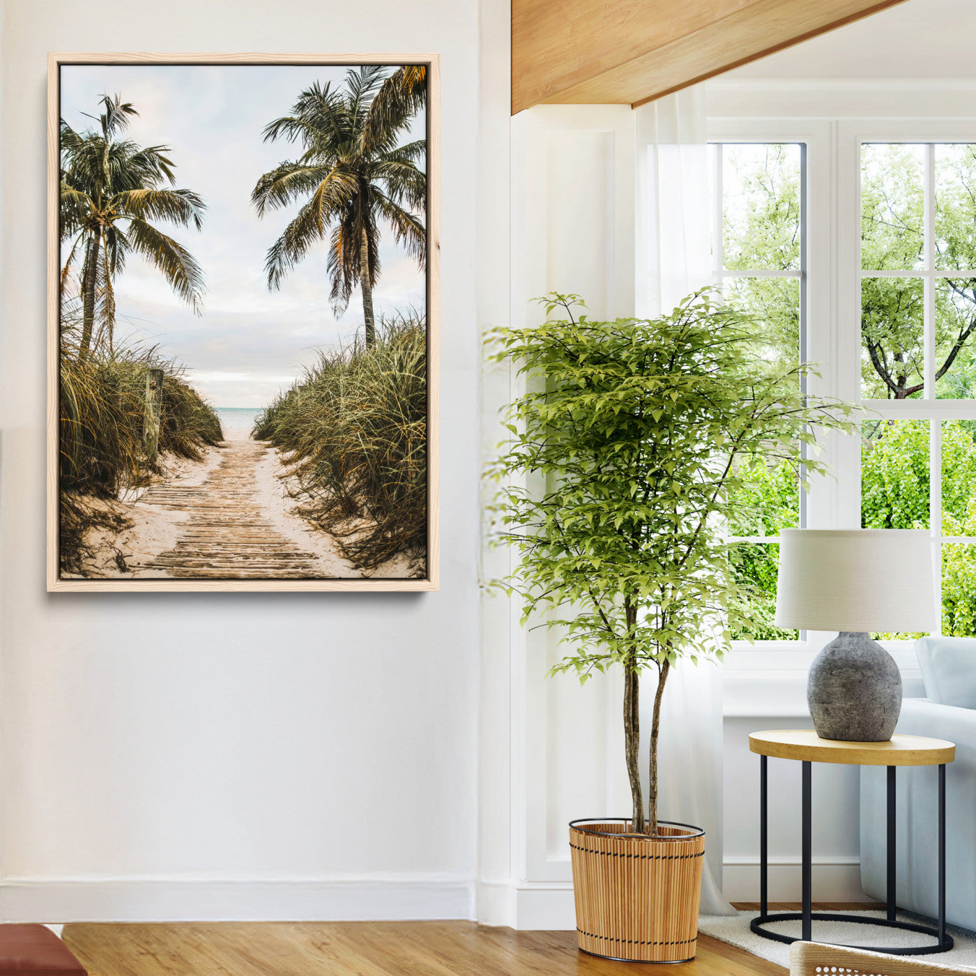 Canvas wall art of a tropical beach path with palm trees and dune grass, ideal for coastal entryways or tropical-inspired home decor.