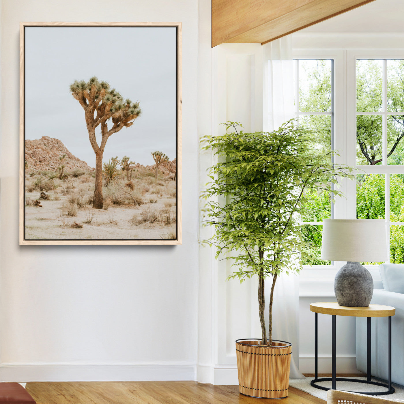 Canvas of a Joshua Tree in neutral desert tones under soft light, ideal for southwestern minimalist or rustic nature-inspired home decor.