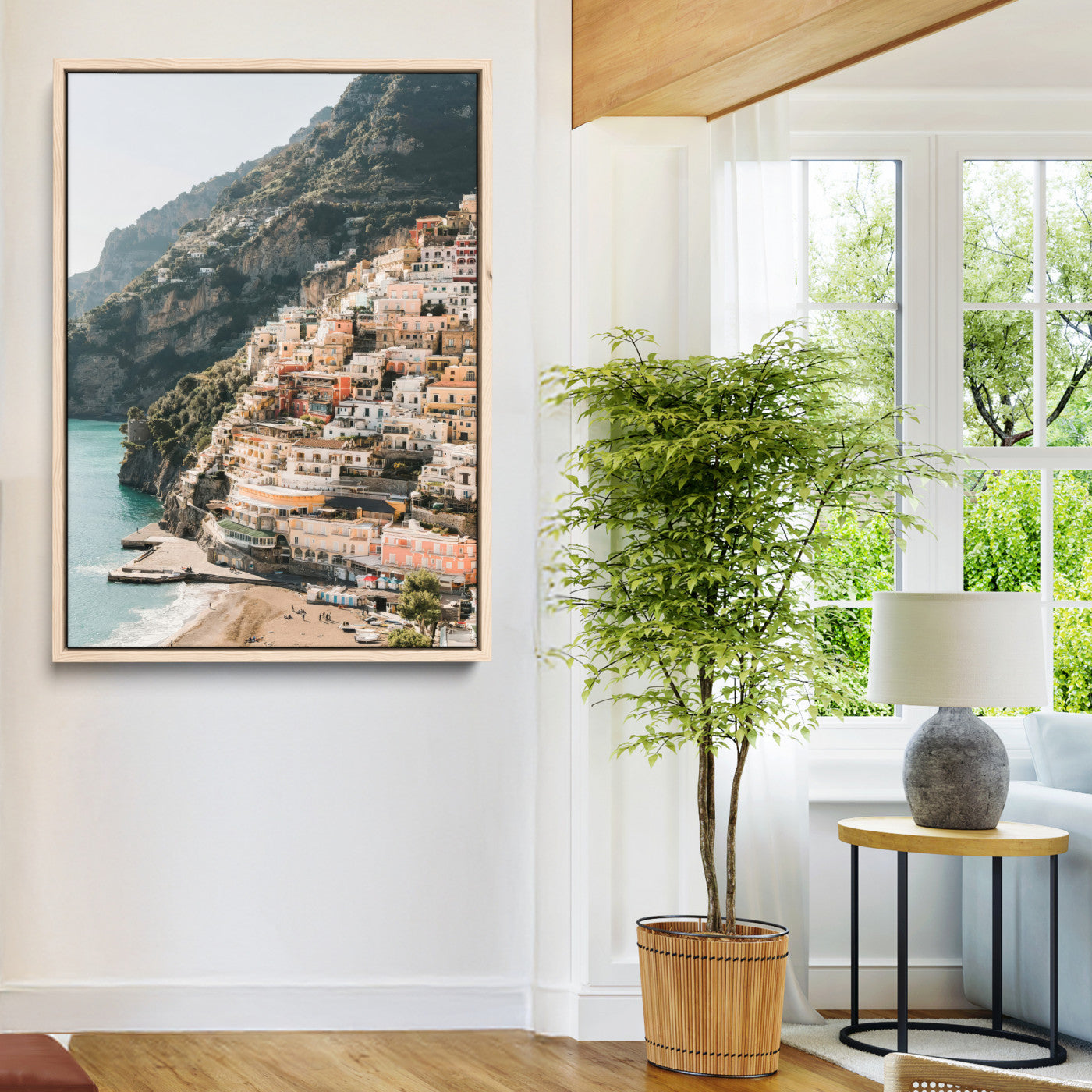Canvas of colorful cliffside homes in Positano along the Amalfi Coast with warm tones, perfect for Mediterranean coastal or European-inspired home decor.