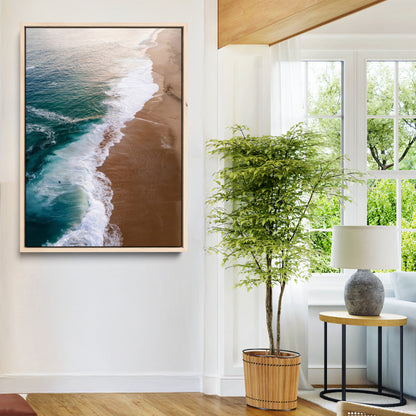 Canvas of a dreamy aerial beach scene with turquoise waves and soft sunset tones, ideal for modern coastal or minimalist home decor.