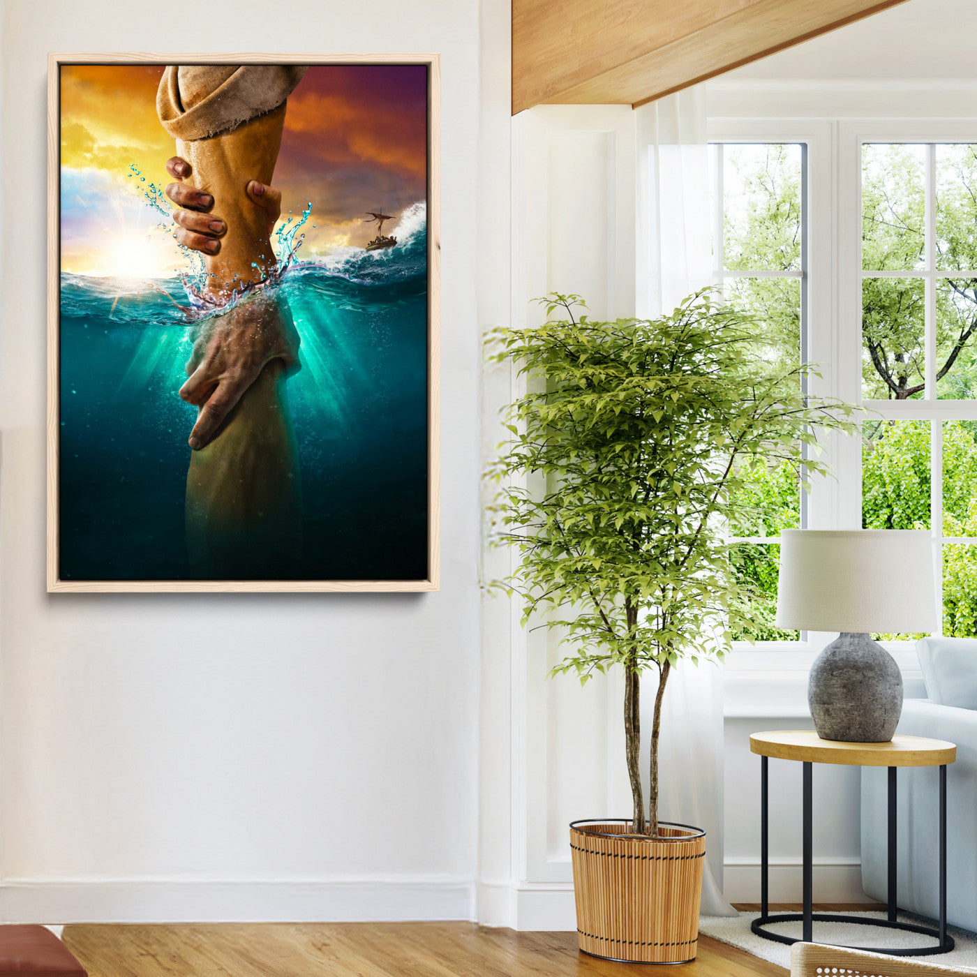 A dramatic scene of a hand reaching underwater and being lifted, symbolizing rescue and faith, ideal for spiritual or Christian wall decor.