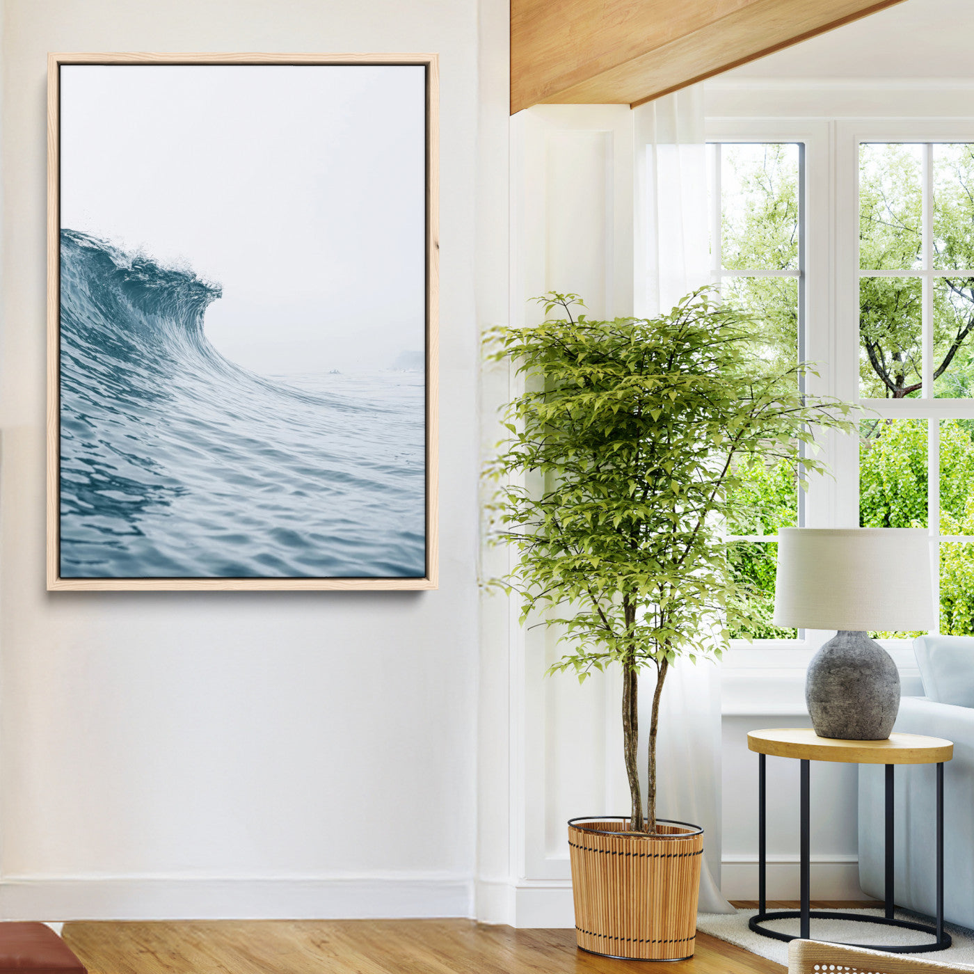 A single ocean wave curling in soft blue tones under a misty sky, ideal for coastal or minimalist home wall decor.