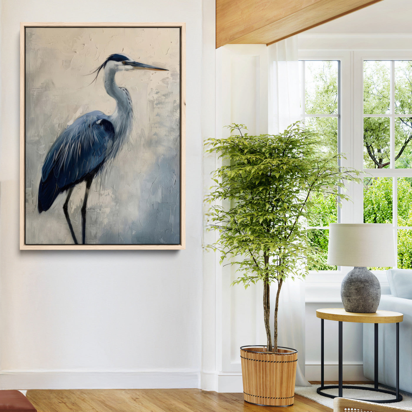 Blue heron standing gracefully on one leg, painted in soft neutrals and cool tones, perfect for modern coastal or nature-inspired decor.