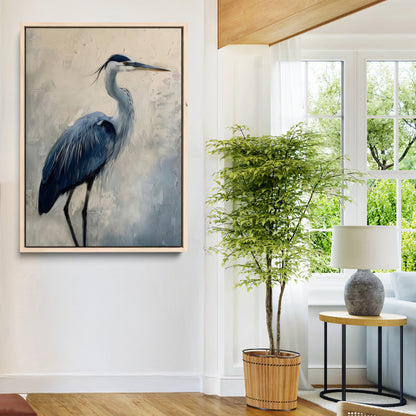 Blue heron standing gracefully on one leg, painted in soft neutrals and cool tones, perfect for modern coastal or nature-inspired decor.
