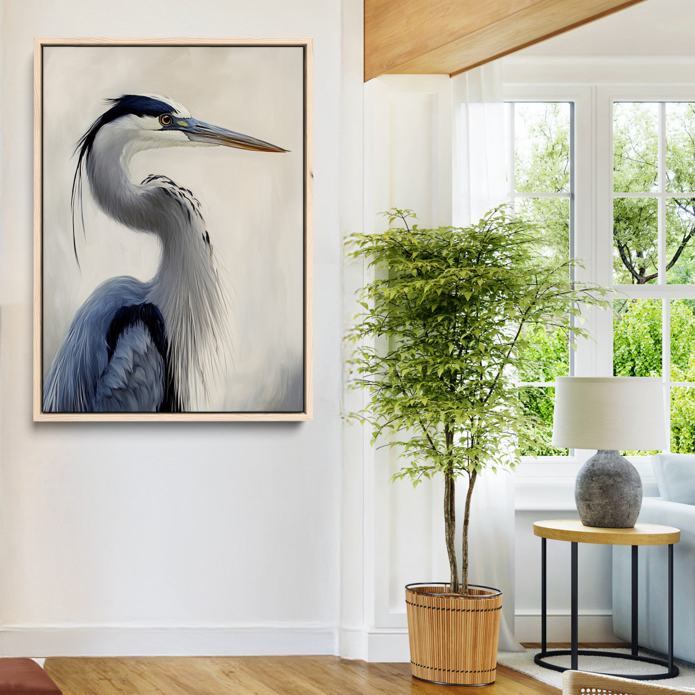 Elegant blue heron in profile with soft brush detail and neutral tones, ideal for nature-themed or coastal minimalist interiors.