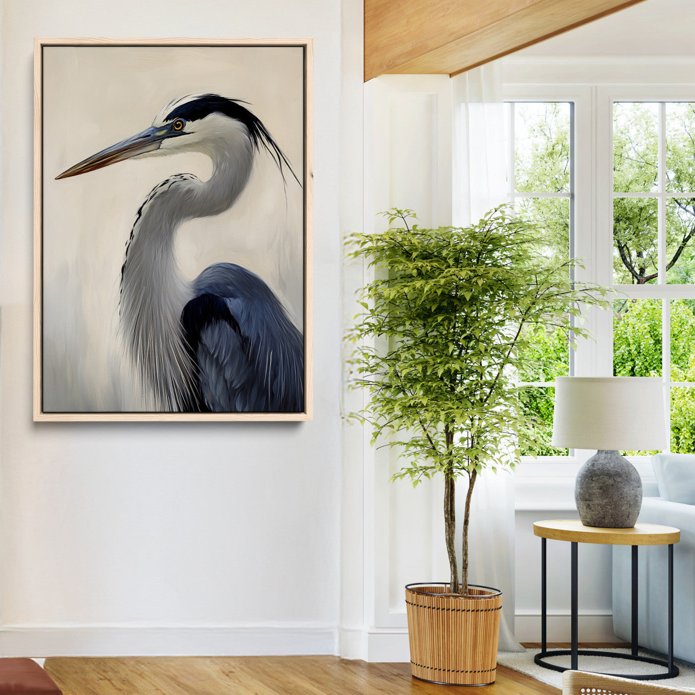 Single blue heron in profile with soft feathers and neutral tones, ideal for tranquil, coastal or nature-inspired interior settings.