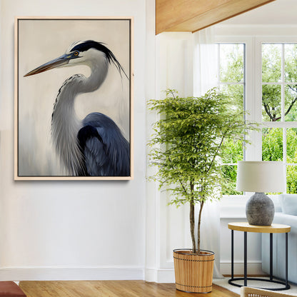 Single blue heron in profile with soft feathers and neutral tones, ideal for tranquil, coastal or nature-inspired interior settings.