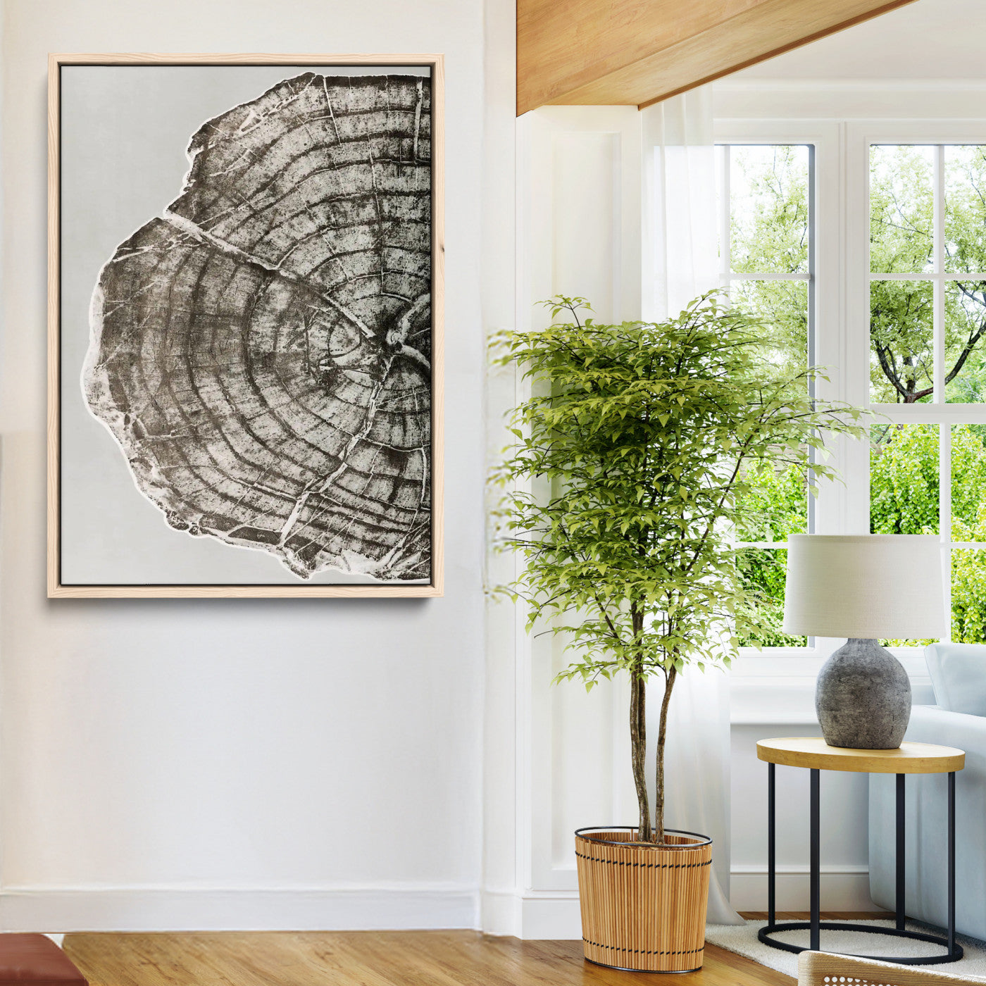 A close-up tree ring cross-section with neutral tones and organic texture, perfect for rustic, modern, or minimalist interior wall decor.