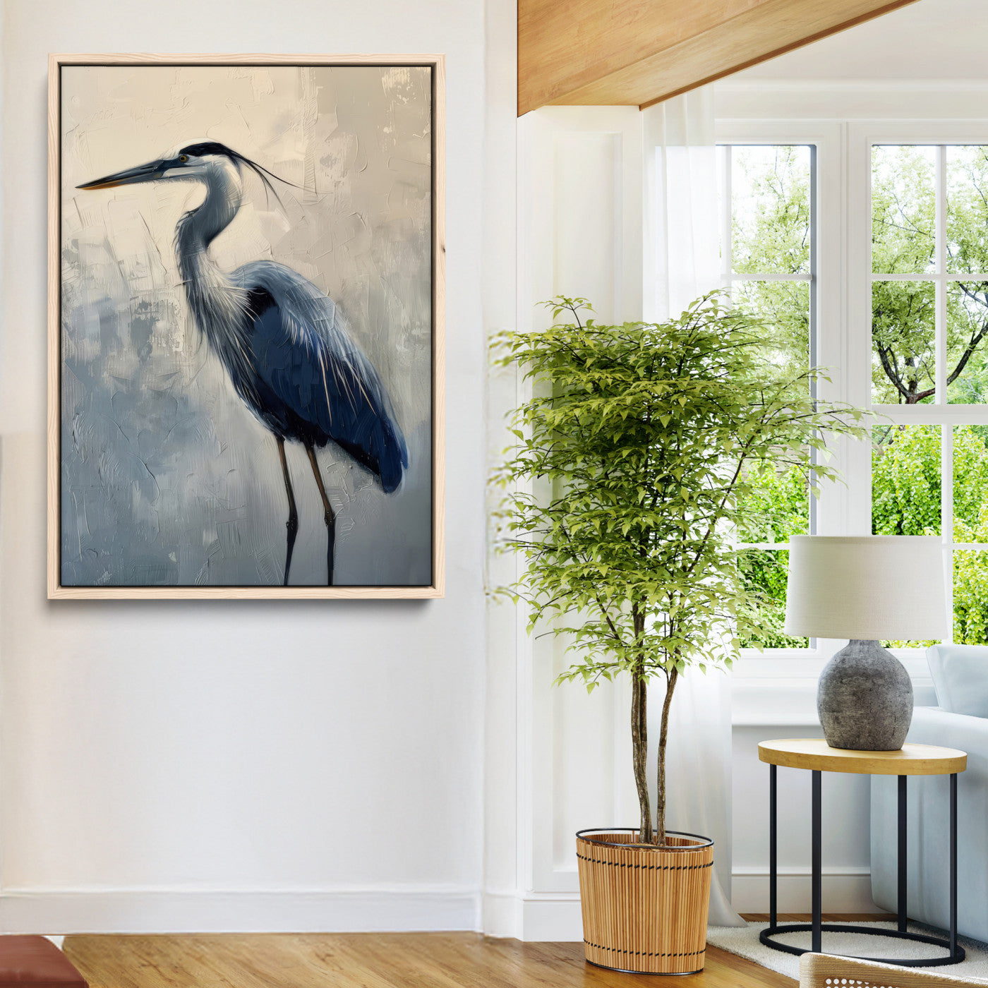 Elegant heron bird standing tall with soft brushstroke texture and muted tones, perfect for coastal or nature-themed home decor.