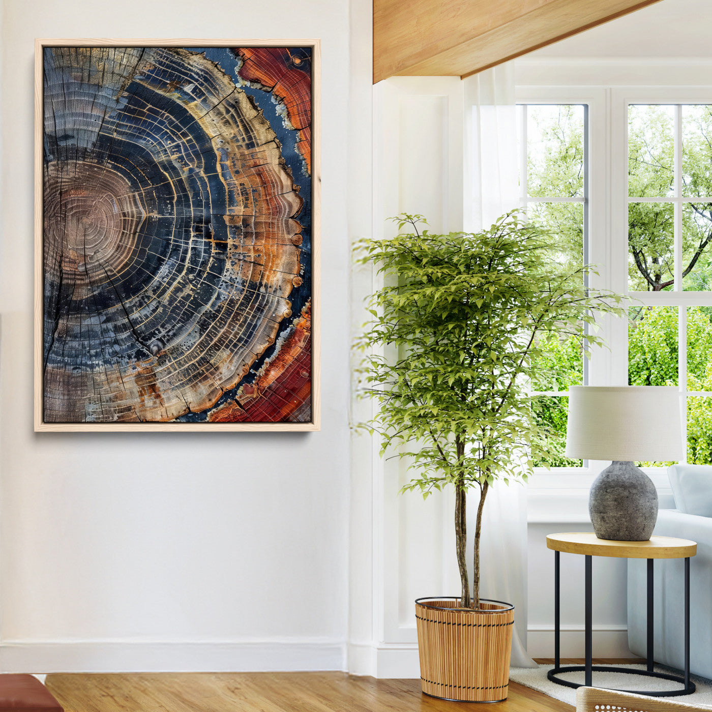 Close-up of a tree ring cross-section showing detailed growth rings in earthy tones, perfect for rustic or nature-inspired home decor.