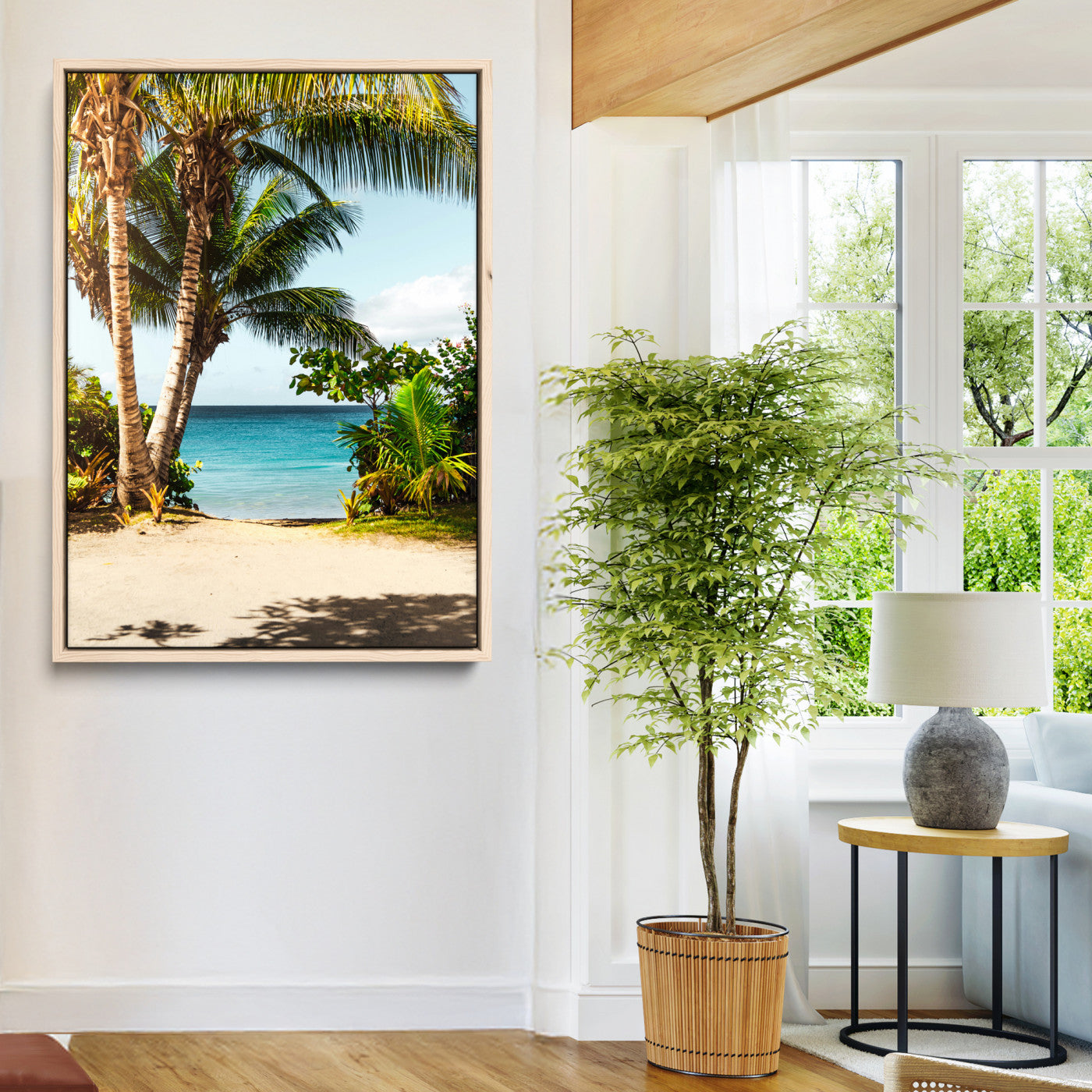 Tropical beach with palm trees, blue ocean, and clear sky, perfect for coastal or beach-themed wall decor in sunny living spaces.