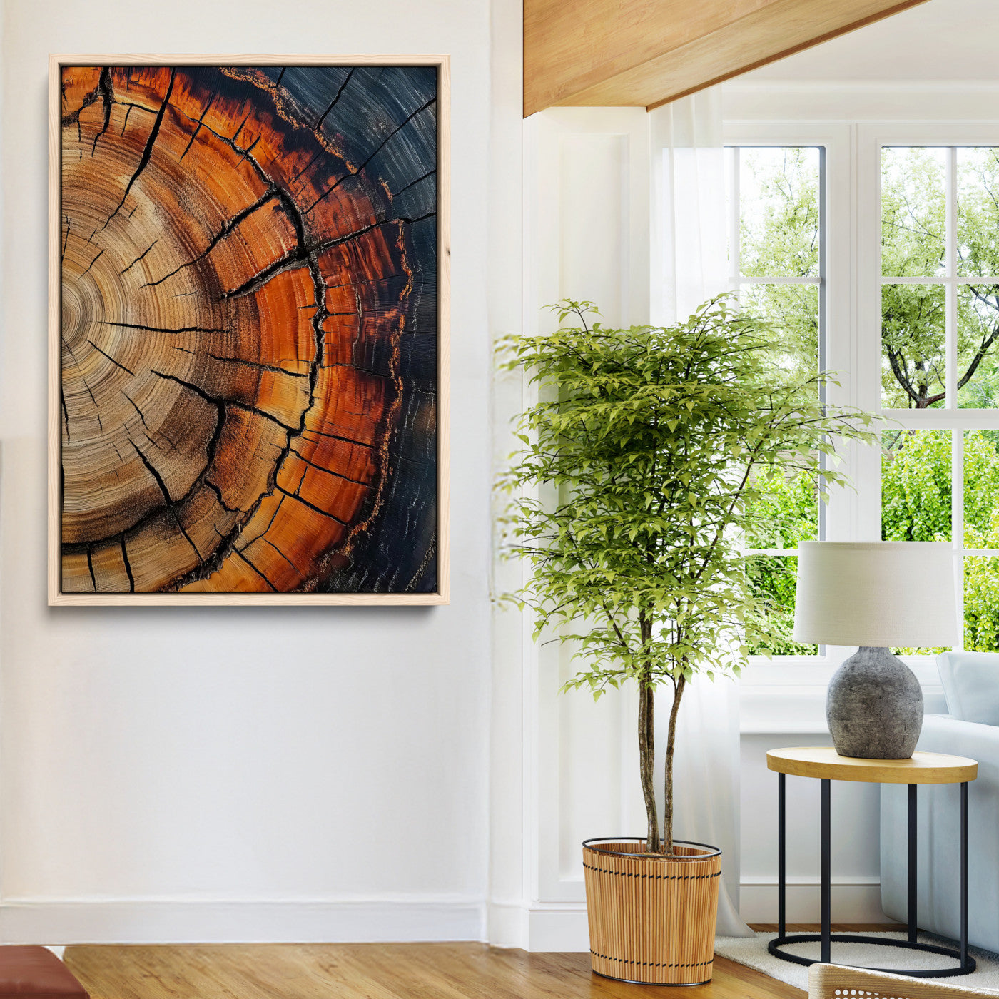 Close-up of tree rings with deep cracks and rich brown tones, highlighting natural texture and organic patterns, perfect for rustic wall art.
