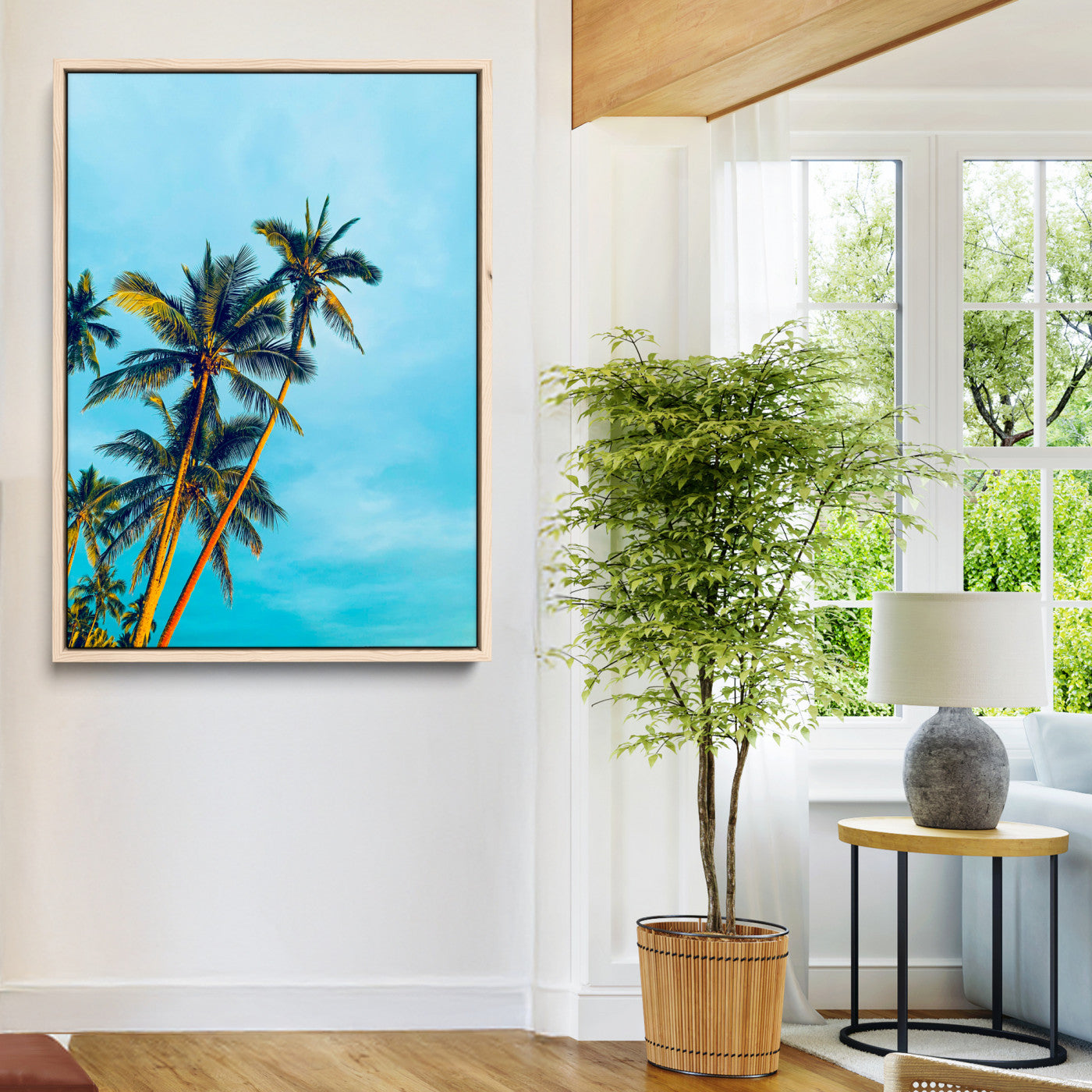 "Tall palm trees with golden sunlight against a vibrant blue sky, creating a tropical, relaxing atmosphere for coastal and beach-themed decor.