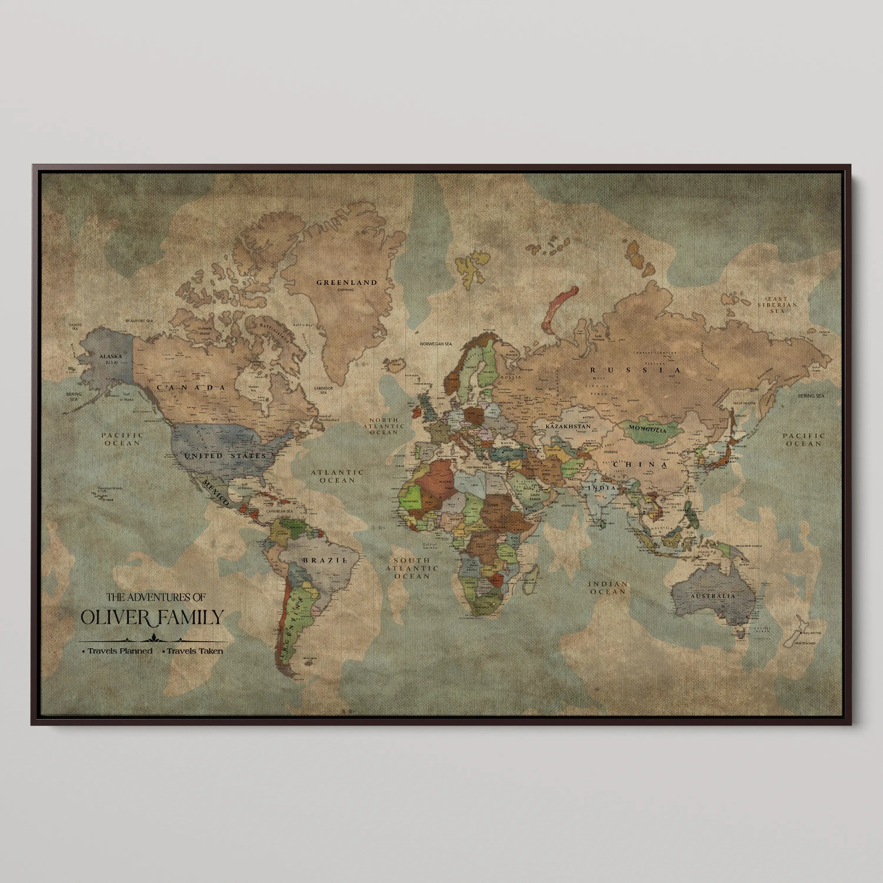 77826024-MGV-CV-36X24-Personalized Travel Map Canvas Print – Custom Framed Push Pin World Art Gift for Couples, Anniversaries, or Explorer-Themed Decor