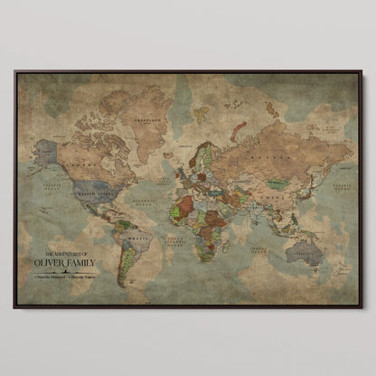 77826024-MGV-CV-36X24-Personalized Travel Map Canvas Print – Custom Framed Push Pin World Art Gift for Couples, Anniversaries, or Explorer-Themed Decor
