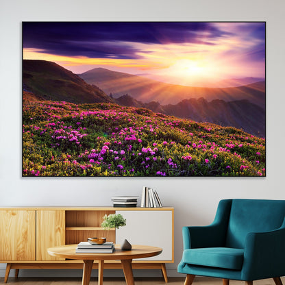 -Mountain Sunrise Wall Art – Vibrant Floral Landscape Canvas Print, Nature Home Decor for Living Room, Bedroom Office or Cabin