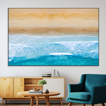 -Aerial Beach Wall Art – Serene Ocean Waves & Sandy Shore Canvas Print, Coastal Home Decor for Living Room, Bedroom or Office
