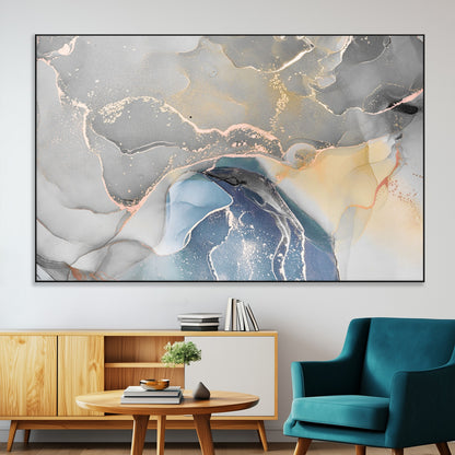 -Abstract Fluid Art Wall Decor – Blue, Gray & Gold Canvas Print, Modern Home and Office Wall Art Decor for Living Room, Bedroom or Workspace