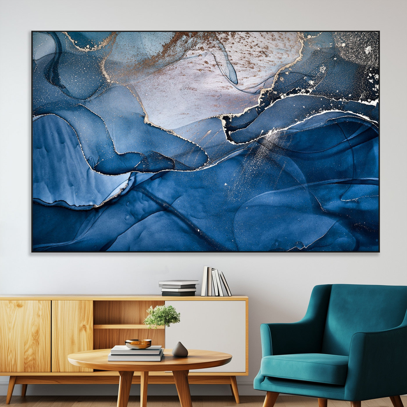 -Abstract Blue Gold Fluid Art Wall Decor – Modern Canvas Print, Elegant Home & Office Wall Art, Stylish Living Room or Bedroom Decoration