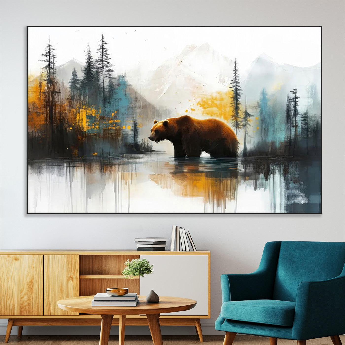 A majestic bear stands by the serene waters of a misty forest, surrounded by towering trees and distant mountains, evoking the raw beauty and wild spirit of nature.