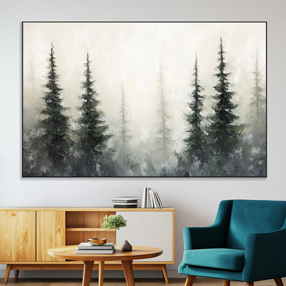 Soft and misty pine forest painting in neutral earthy tones, ideal for calm woodland or minimalist rustic home decor.