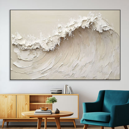 Textured canvas of an abstract white ocean wave in neutral tones, ideal for modern coastal or minimalist home decor.