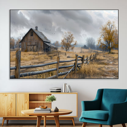 A tranquil rural scene featuring a rustic barn, overcast skies, and golden fields with scattered trees, evoking a sense of peaceful solitude in nature.
