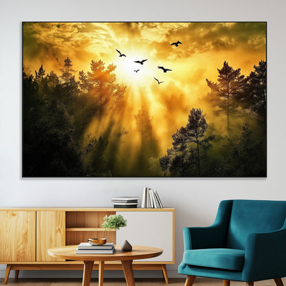 Canvas of a golden forest at sunset with birds flying through glowing sunbeams and silhouetted pine trees, ideal for warm-toned rustic decor.