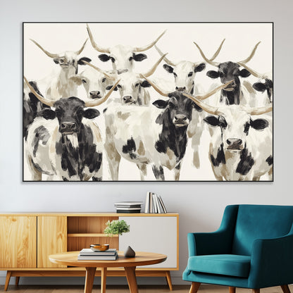 Canvas of a Texas Longhorn cattle herd in neutral black and white tones, ideal for rustic farmhouse or western-themed decor.