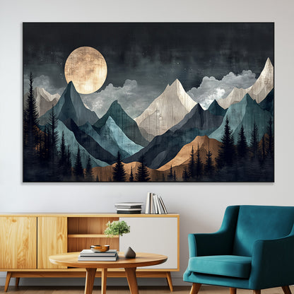 Stylized canvas of layered mountains under a full moon in neutral moody tones, ideal for nature-inspired or modern rustic interiors.
