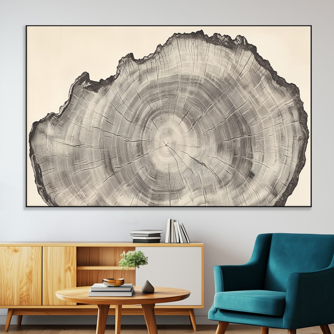 Detailed tree ring drawing in monochrome tones, ideal for rustic or nature-inspired interiors with a minimal decor aesthetic.
