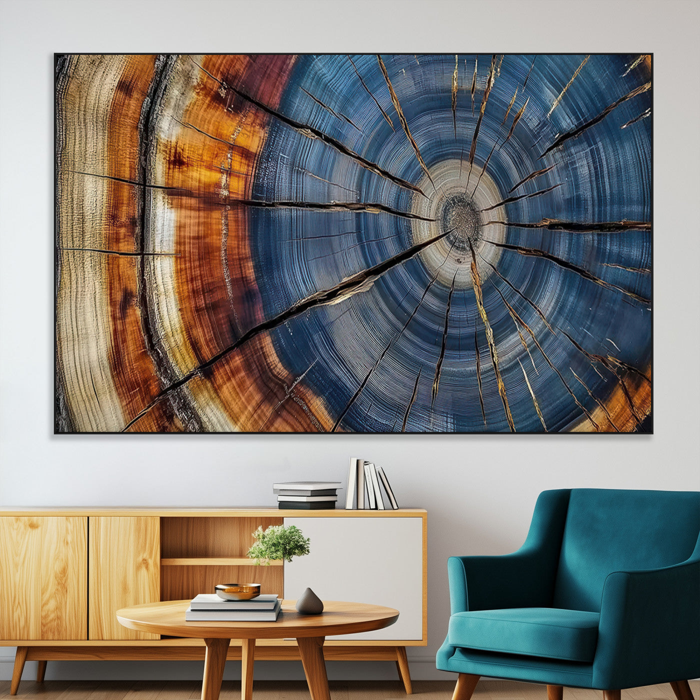 A stunning close-up view of a tree trunk, showcasing the intricate growth rings in a vibrant mix of warm browns, cool blues, and hints of natural texture.