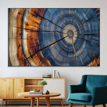 A stunning close-up view of a tree trunk, showcasing the intricate growth rings in a vibrant mix of warm browns, cool blues, and hints of natural texture.