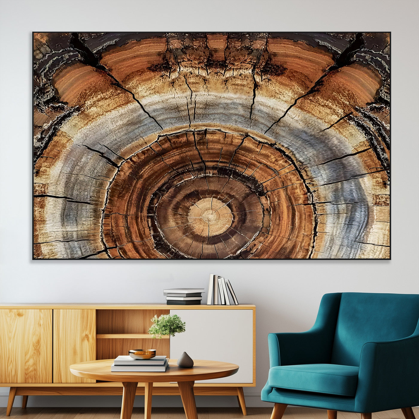 Canvas of tree rings and natural wood grain in earthy tones, ideal for rustic or vintage-inspired home decor with organic textures.