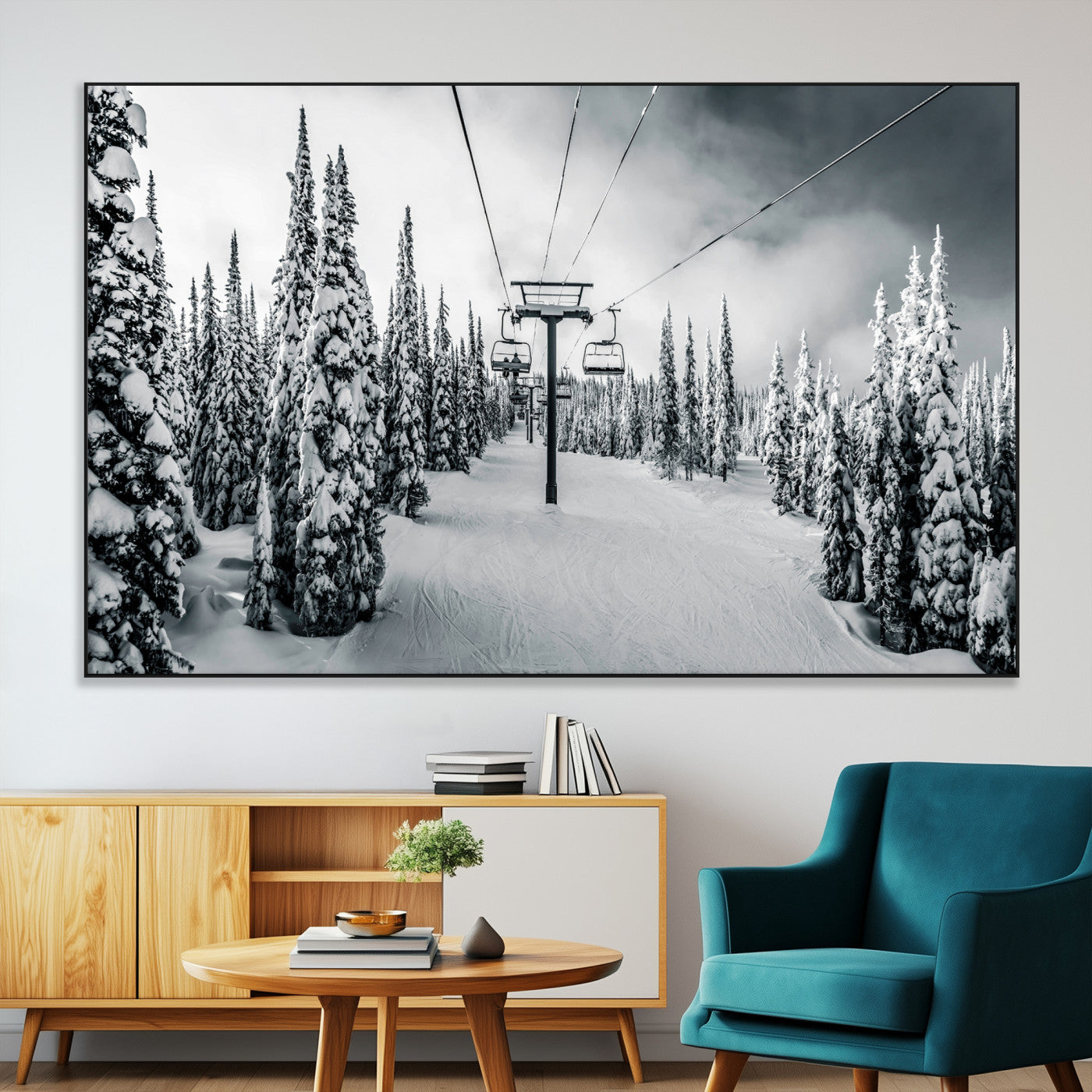 Canvas of a snowy ski lift scene through a forest of tall pine trees, ideal for moody winter or alpine-themed home decor.