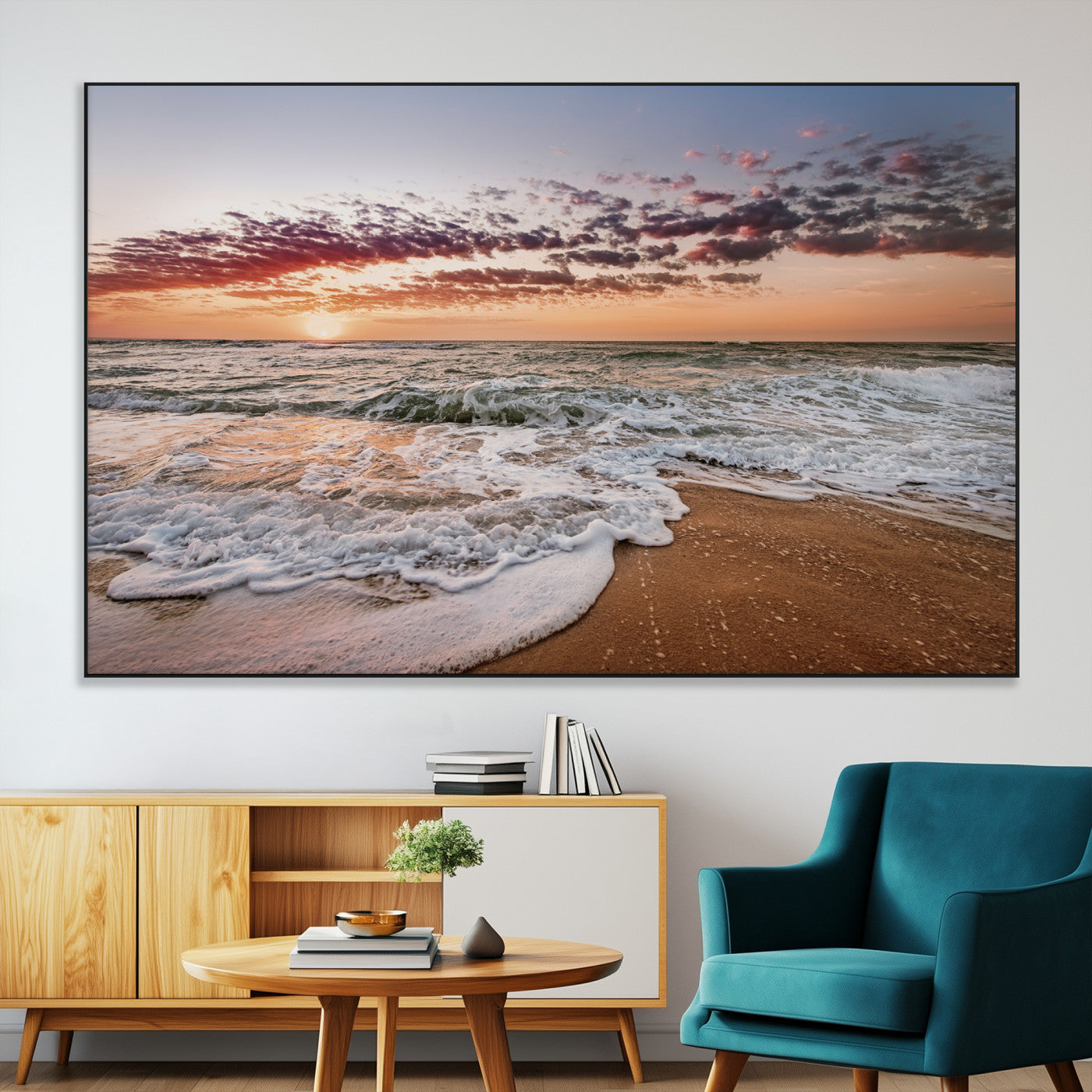 Canvas of a sunset over a foamy ocean shore with warm light and gentle waves, ideal for coastal or beach-themed home decor.