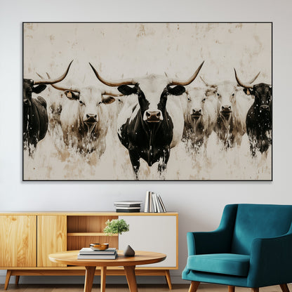 Illustrated herd of longhorn cattle in black and white tones with a neutral textured background, perfect for rustic or farmhouse-style decor.