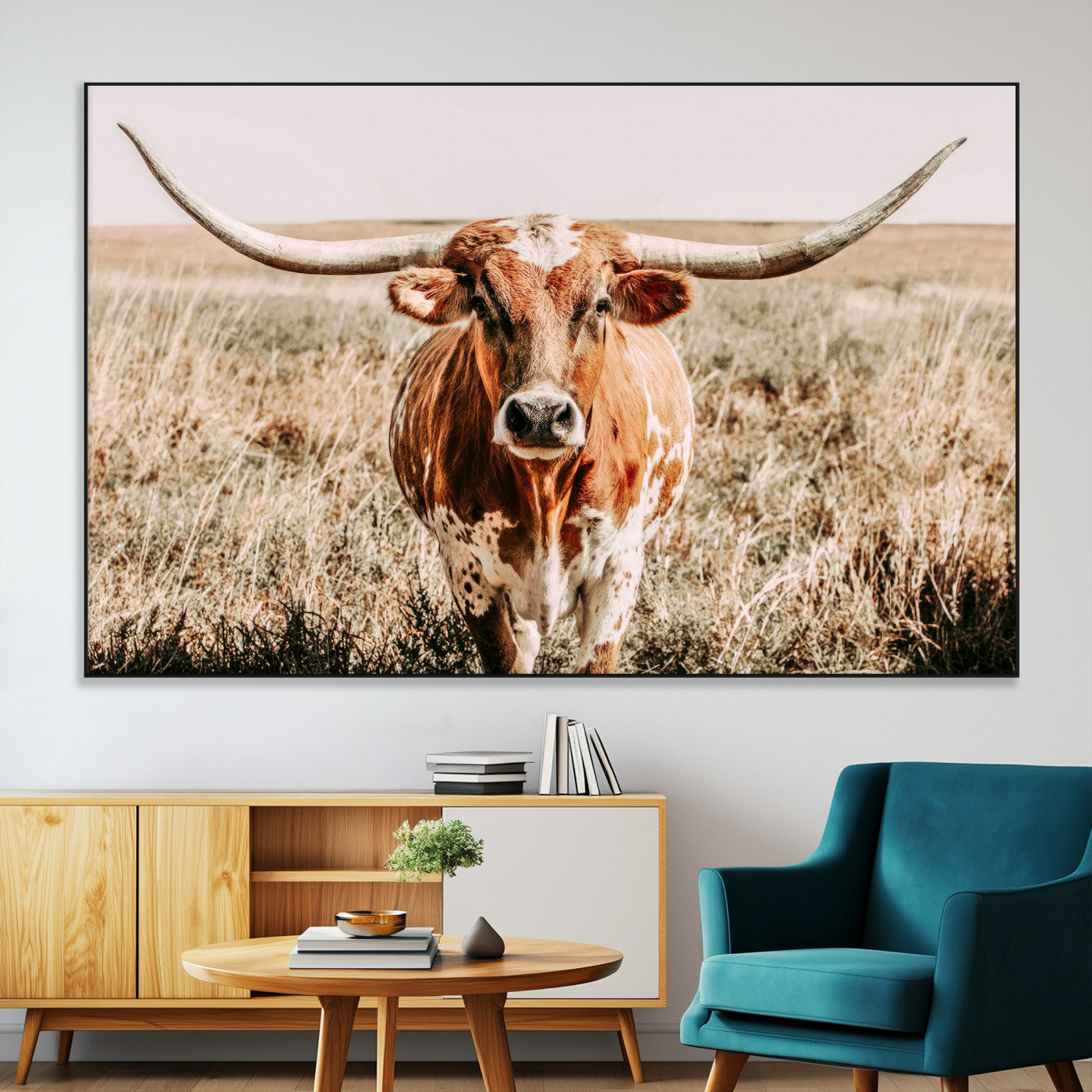 Framed longhorn cow canvas wall art with rustic prairie background, western animal print perfect for farmhouse or ranch style decor