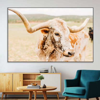 Close-up of a speckled Texas Longhorn in warm prairie tones, perfect for rustic western or countryside-themed room decor.