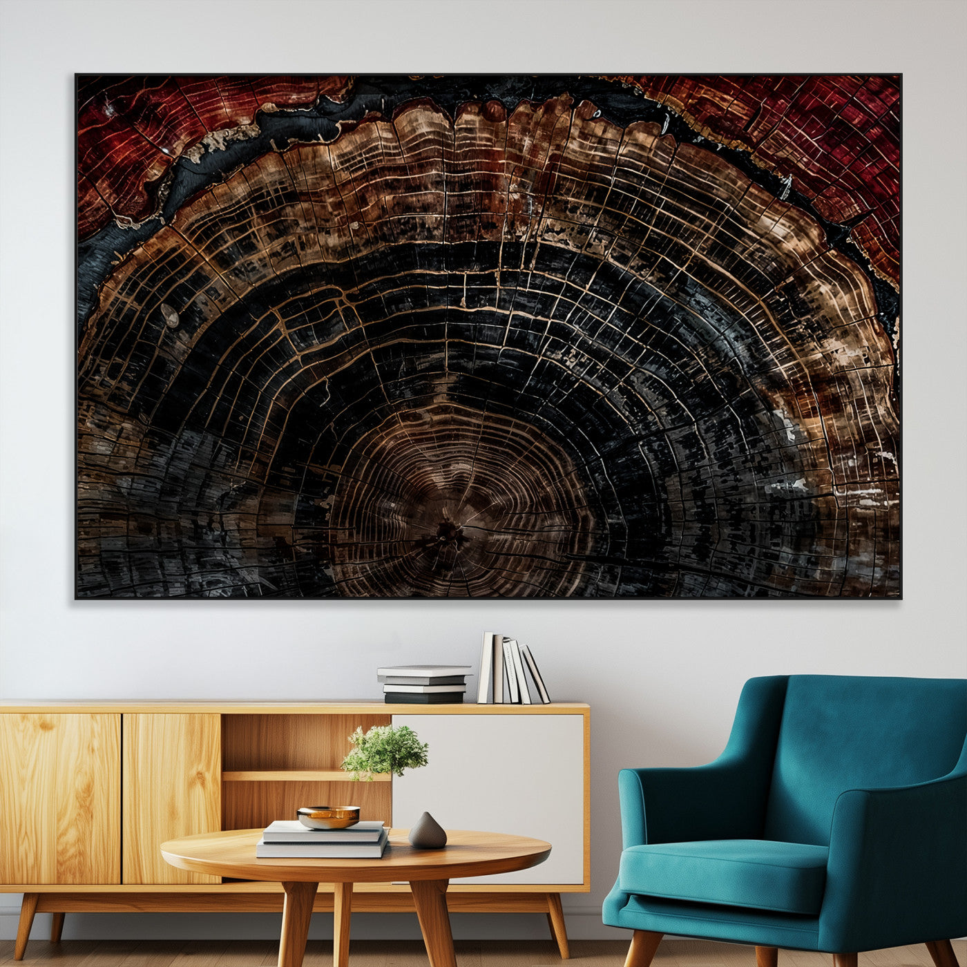 Dark Wood Wall Art Print - Petrified Tree Canvas Print, featuring an intricate tree ring pattern with deep earthy tones and organic textures, perfect for rustic and nature-inspired decor.