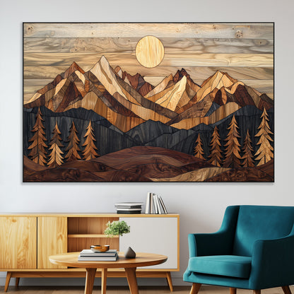 Mountain Landscape Wall Art Print - Sunset Hills Canvas Print, featuring an abstract nature scene with earthy tones and misty peaks, perfect for boho and modern decor.