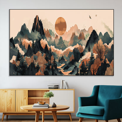 Mountain Landscape Wall Art Print - Sunset Hills Canvas Print, featuring an abstract nature scene with earthy tones and misty peaks, perfect for boho and modern decor.