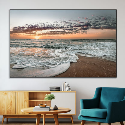 Ocean Sunset Wall Art Print - Beach Waves Canvas Print, featuring a serene seascape with golden sunlight reflecting on gentle waves, perfect for coastal and minimalist decor.
