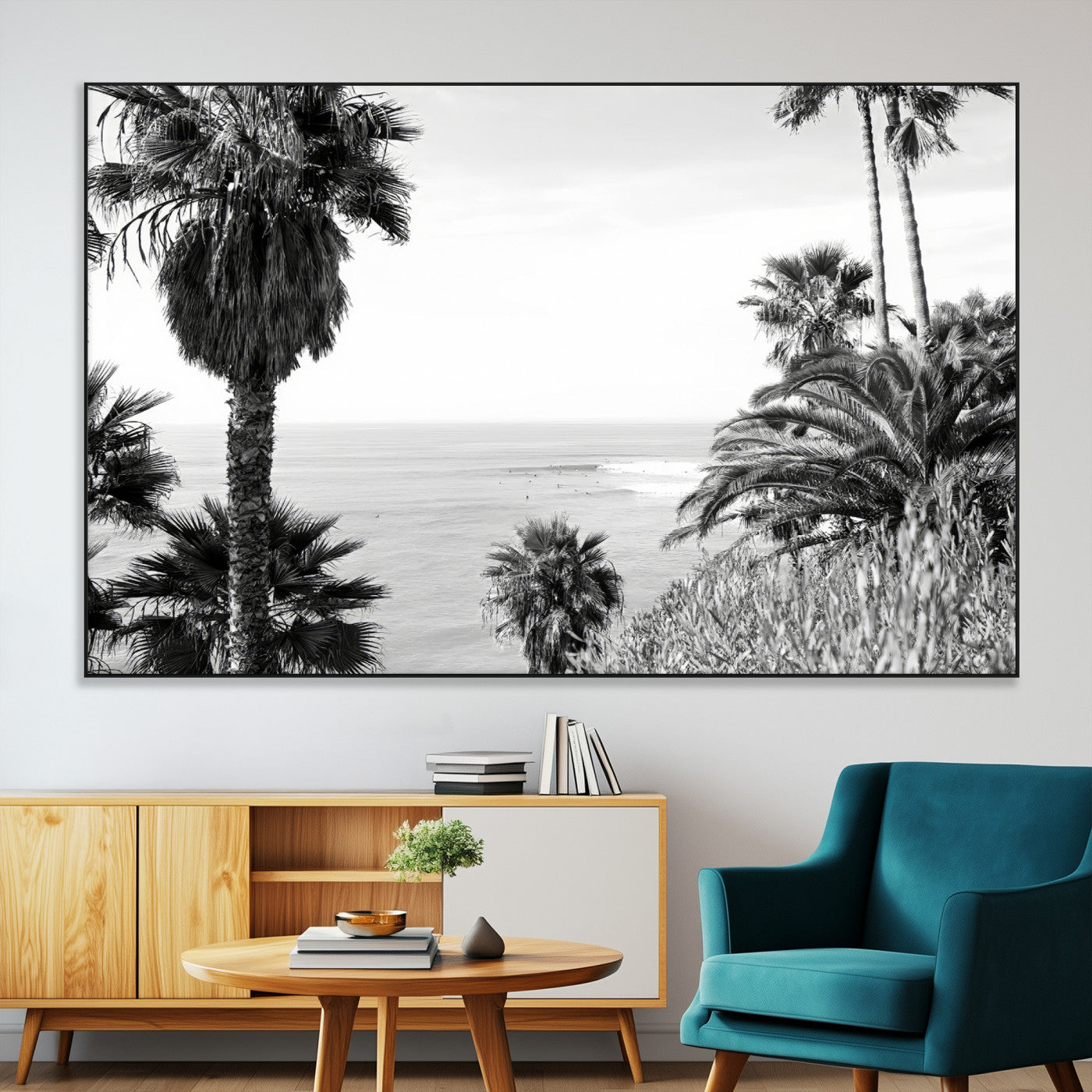 Monochrome canvas of palm trees framing a coastal surf scene, perfect for California-inspired or retro black-and-white beach decor.